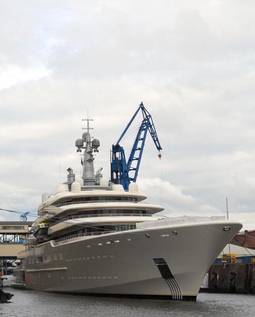 440mio € yacht by Mister Abramovic. Stainless steel and aluminum hull, rocket defense and bulletproof windows. Unfortunately they don't offer tours of the ship.