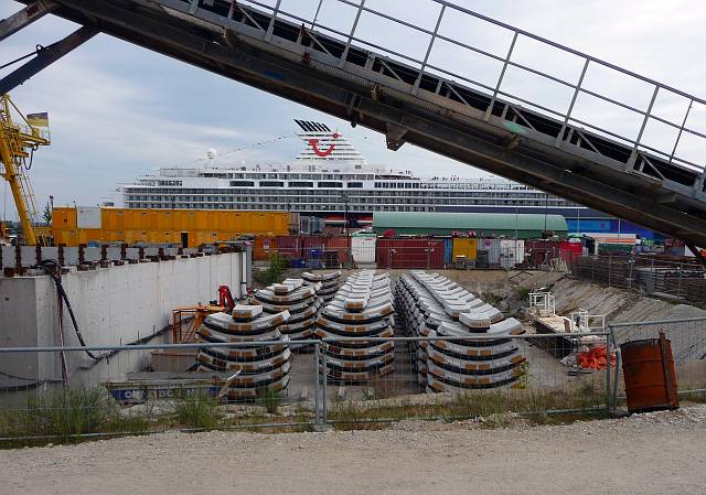 Tübbinge for the construction of the Subway, cruise-ship in the back.