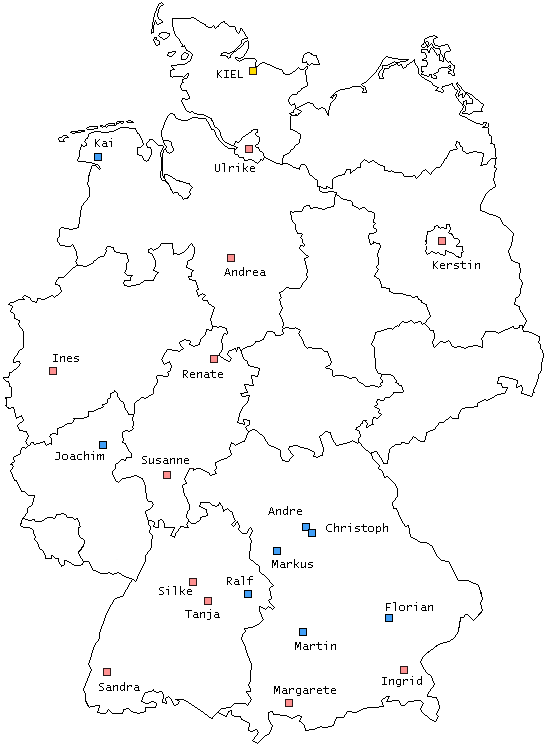 map of germany showing the location of residence of our travel group's members